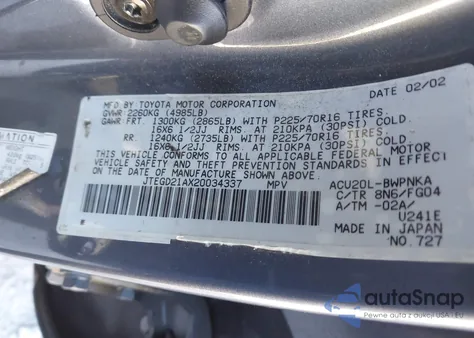 2002 Toyota Highlander from USA, damaged, VIN JTEGD21AX20034337